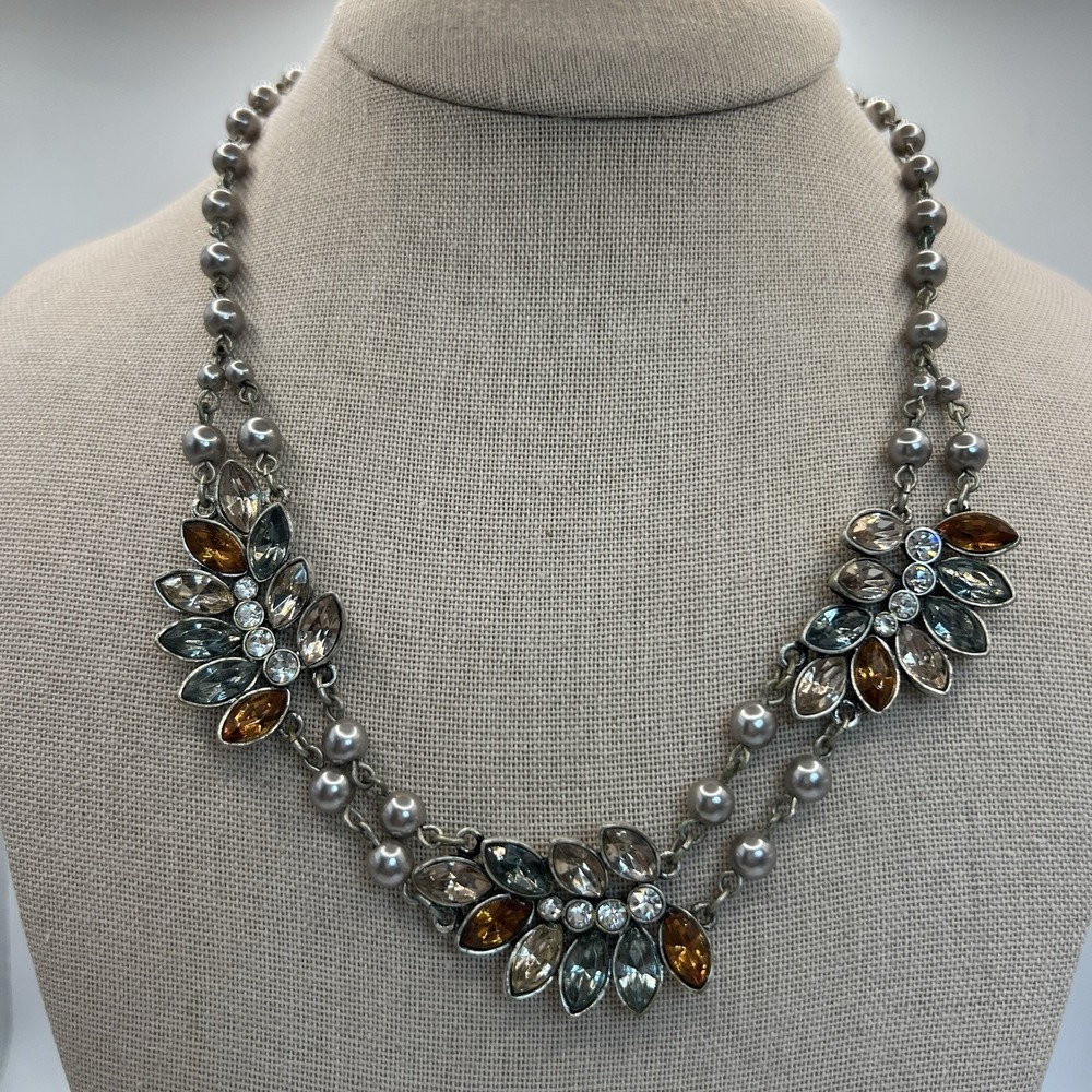 Gray Faux Pearl Rhinestone Necklace Double Strand Floral Statement Bib